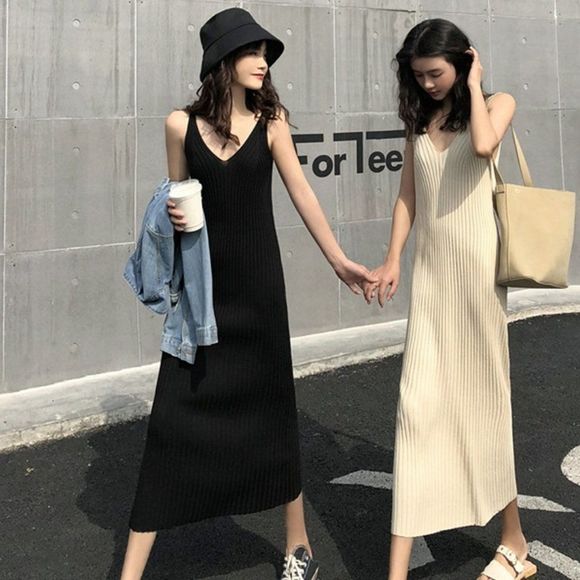 Knit Spaghetti-Strap Dress  - Picture 1 of 9